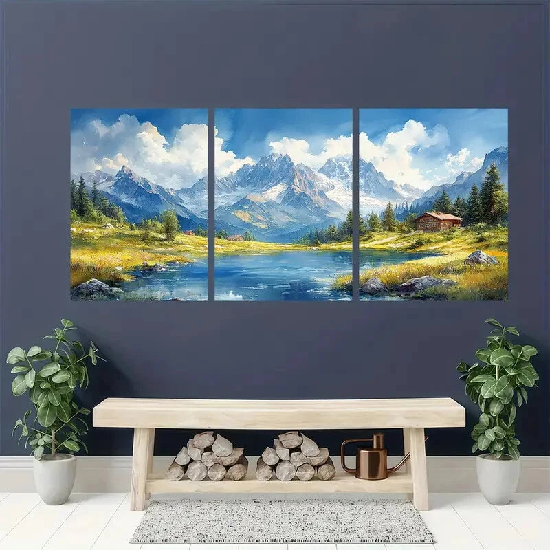 3pcs Alps Mountain Valley Watercolor Landscape Metal Print Ready to Hang Art - Bella Home Decor