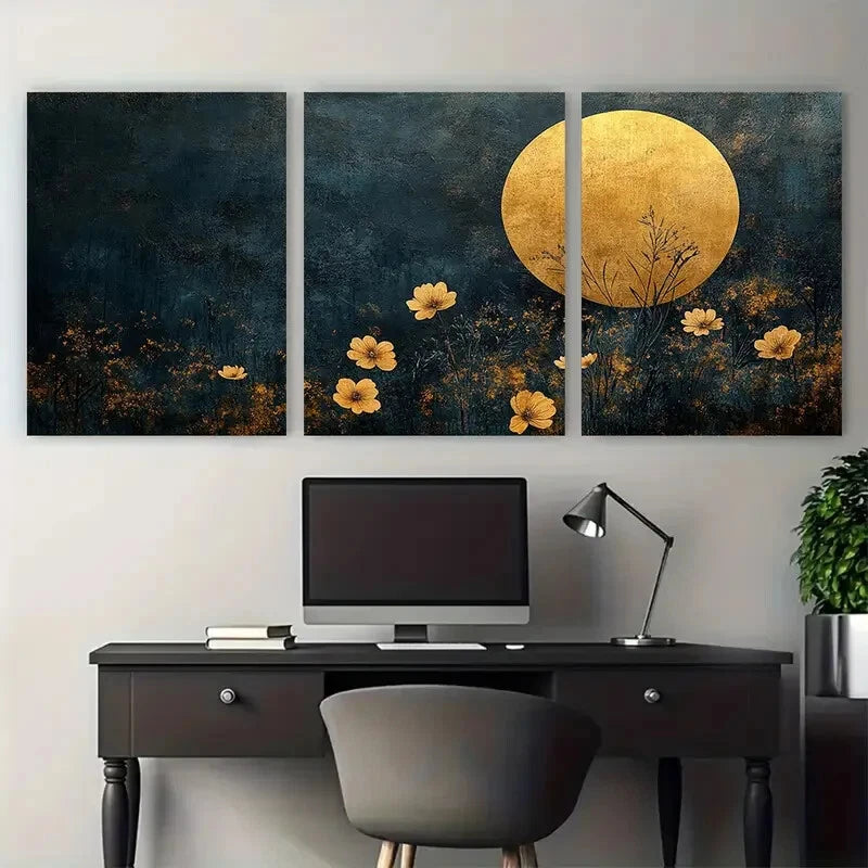 3pcs Minimalist Golden Circle Dark Floral Design Metal Print Ready to Hang Art - Bella Home Decor