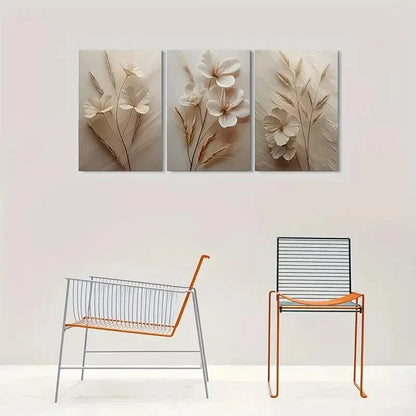 3pcs Beige White Flowers with Stems and Leaves Wall Art Set Canvas Framed 60x90cm - High Quality Print 100% Australian Made Wall Canvas Ready to Hang - Bella Home Decor