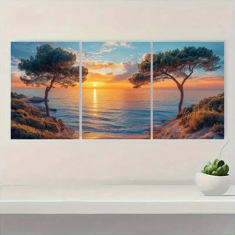3pcs Coastal Sunset Beach Scene Sky View Metal Print Ready to Hang Art - Bella Home Decor