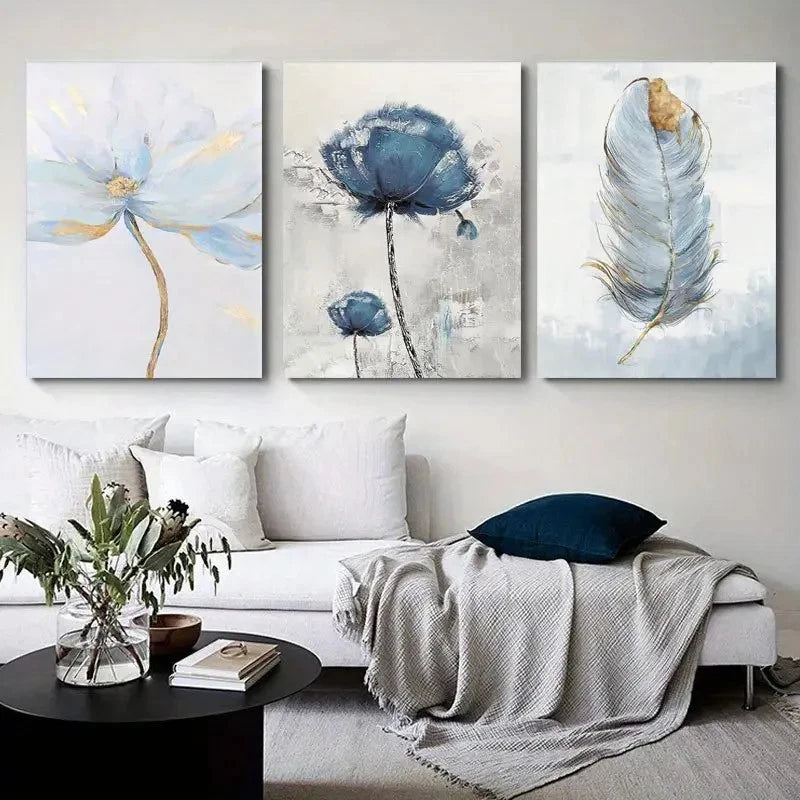 3pcs Blue Flower & FeatherWall Art Set Canvas Framed 40x60cm - High Quality Print 100% Australian Made Wall Canvas Ready to Hang - Bella Home Decor