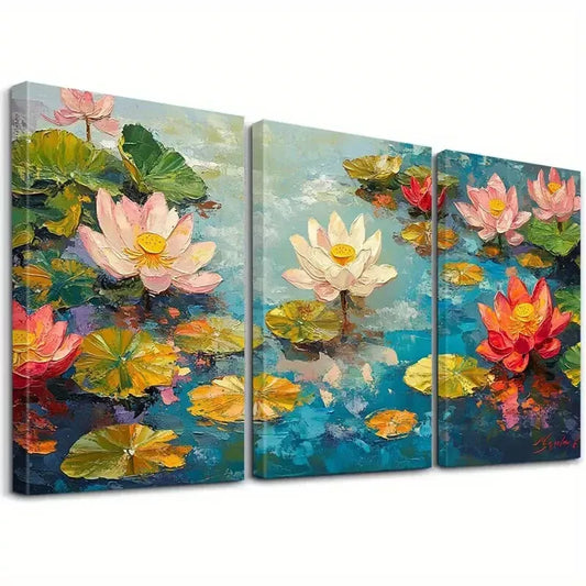 3pcs Decorative Lotus Flowers with Pink Petals Art Set Canvas Framed 50x70cm - High Quality Print 100% Australian Made Wall Canvas Ready to Hang