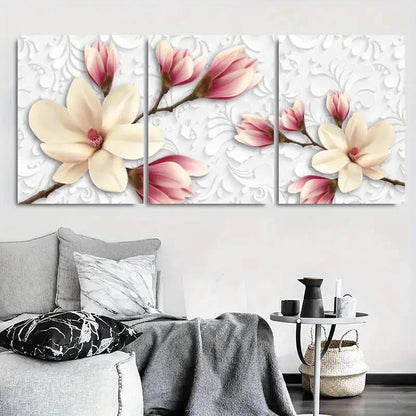 3pcs White Peony Botanical Branch with Butterfly Metal Print Ready to Hang Art