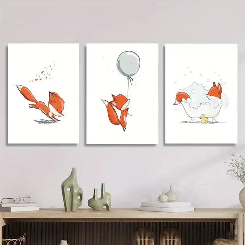 3pcs Vibrant Cartoon Foxes in Playful Scenes Wall Art Set Canvas Unframed - High Quality Print 100% Australian Made Wall Canvas