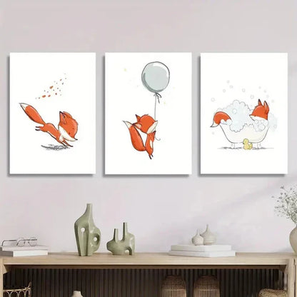 3pcs Vibrant Cartoon Foxes in Playful Scenes Wall Art Set Canvas Unframed - High Quality Print 100% Australian Made Wall Canvas