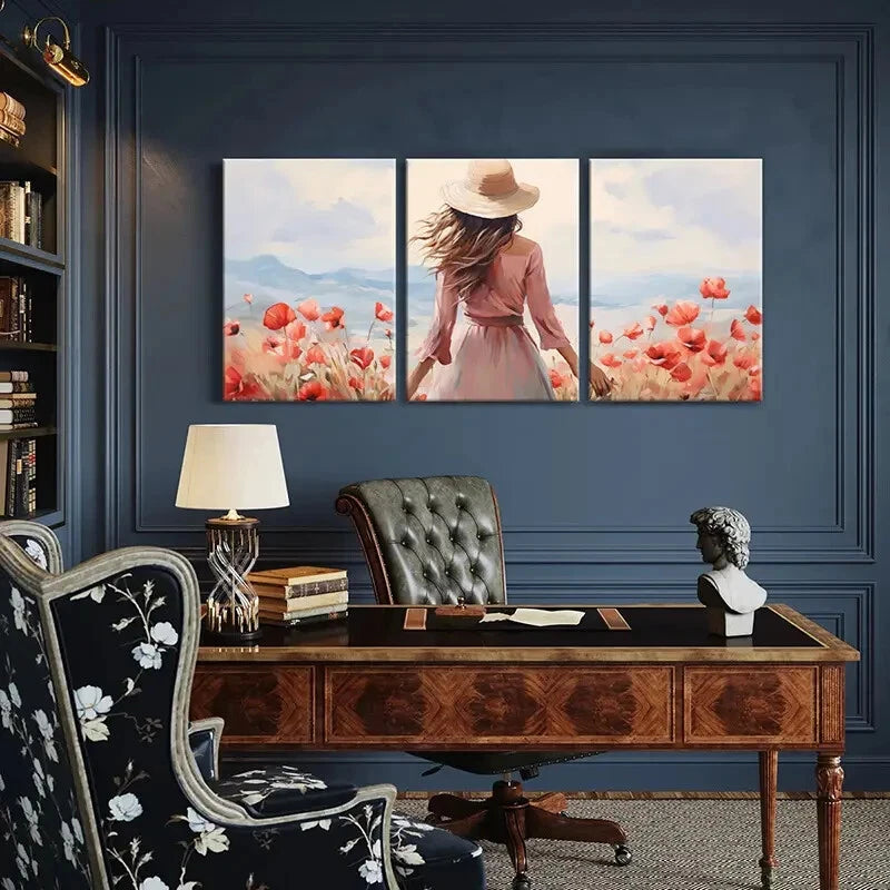 3pcs Flower Field Woman In Hat Mountain View Metal Print Ready to Hang Art - Bella Home Decor