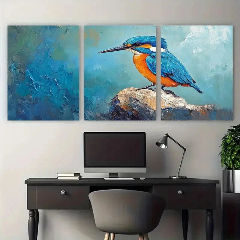 3pcs Kingfisher Bird Illustration Metal Print Ready to Hang Art - Bella Home Decor