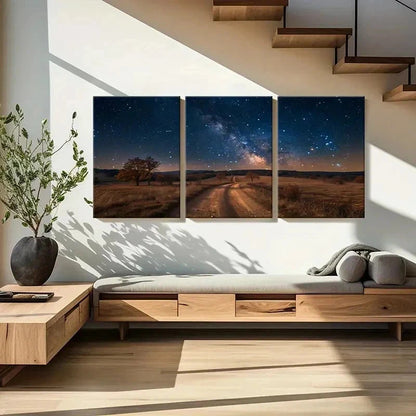 3pcs Night Scene Road Under The Star Wall Art Set Canvas Framed 50x70cm - High Quality Print 100% Australian Made Wall Canvas Ready to Hang