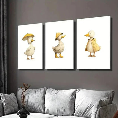 3pcs Duck Holding Umbrella with Hat and Cloths Wall Art Canvas Unframed - High Quality Print 100% Australian Made Wall Canvas