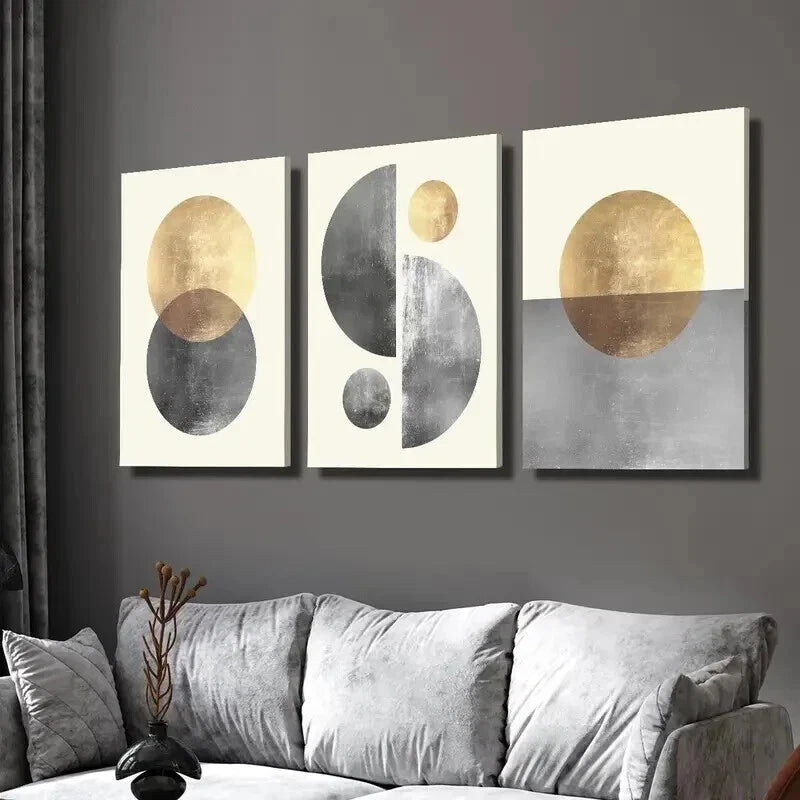 3pcs Gold and Grey Sphere Pattern Decoration Wall Art Set Canvas Framed 50x70cm - High Quality Print 100% Australian Made Wall Canvas Ready to Hang