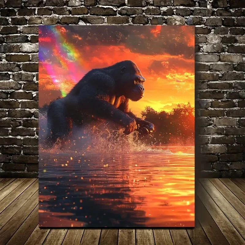 Steampunk Gorilla Splash Vibrant Sunset Painting 40x60cm Metal Print Ready to Hang - Bella Home Decor