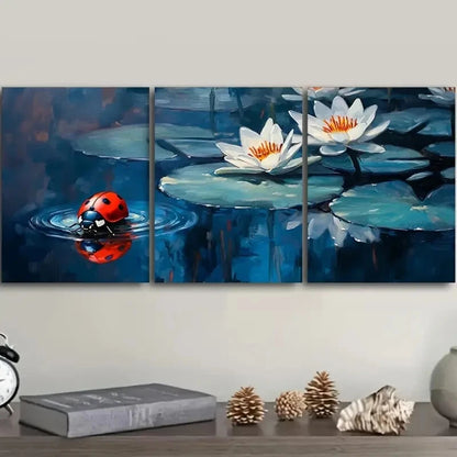 3pcs Ladybugs on Water Lilies Painting Metal Print Ready to Hang Art - Bella Home Decor