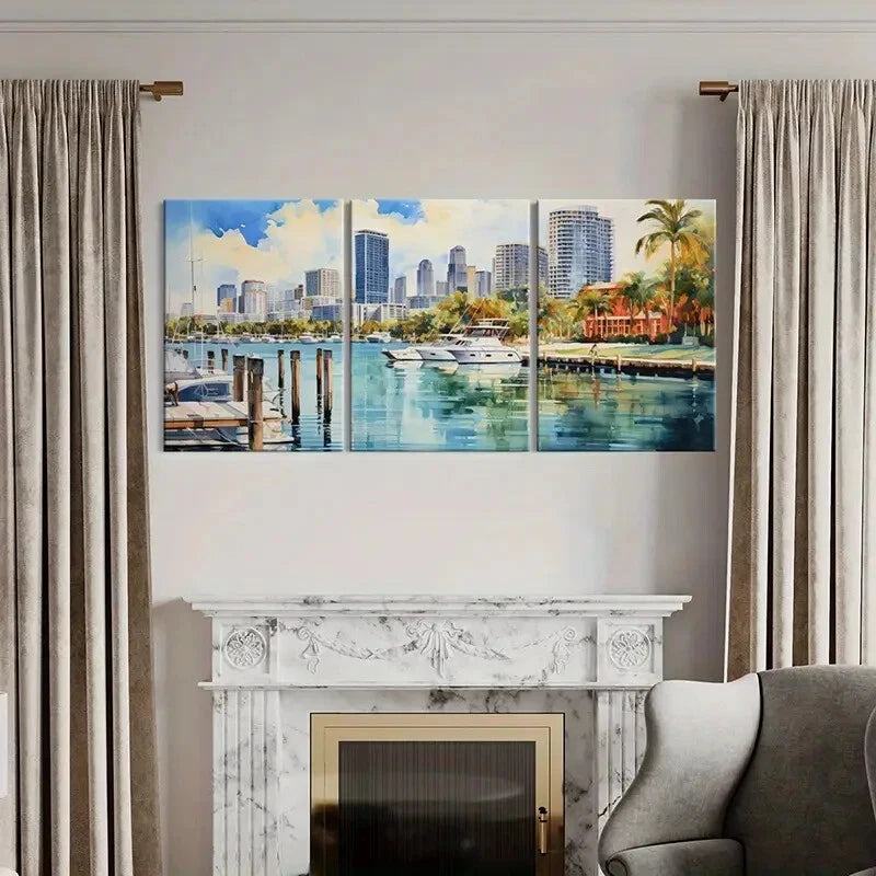 3pcs Vibrant Cityscape Marina Art with Yachts Metal Print Ready to Hang Art - Bella Home Decor
