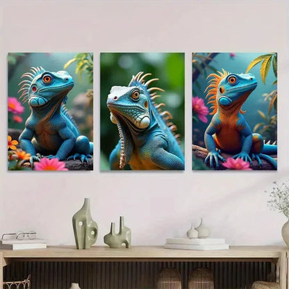 3pcs Vibrant Blue Iguana Nature Scene Flowers Wall Art Set Canvas Unframed - High Quality Print 100% Australian Made Wall Canvas