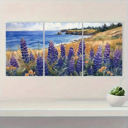 3pcs Lupine Flowers & Ocean View Watercolor Metal Print Ready to Hang Art