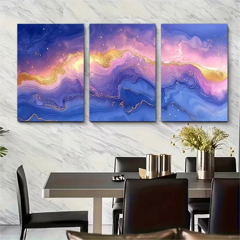 3pcs Pastel Pink Blue Purple with Golden HighlightsMetal Print Ready to Hang Art