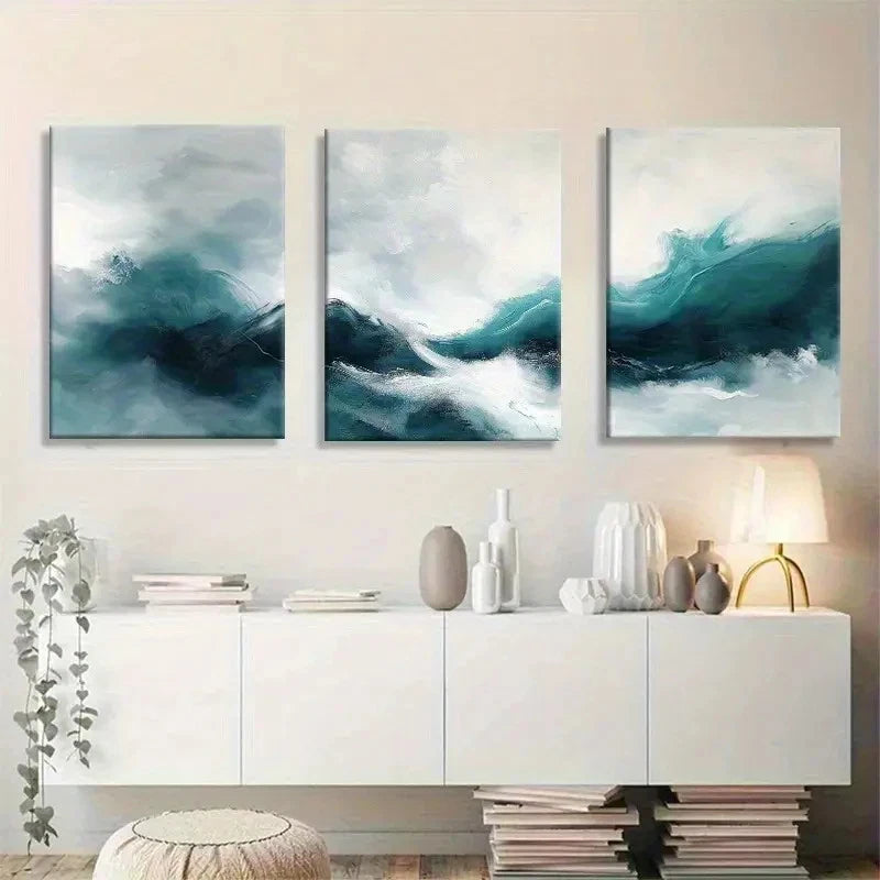 3pcs Abstract Wave Teal and White Seascape Metal Print Ready to Hang Art - Bella Home Decor