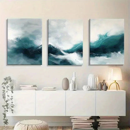 3pcs Abstract Wave Teal and White Seascape Metal Print Ready to Hang Art - Bella Home Decor
