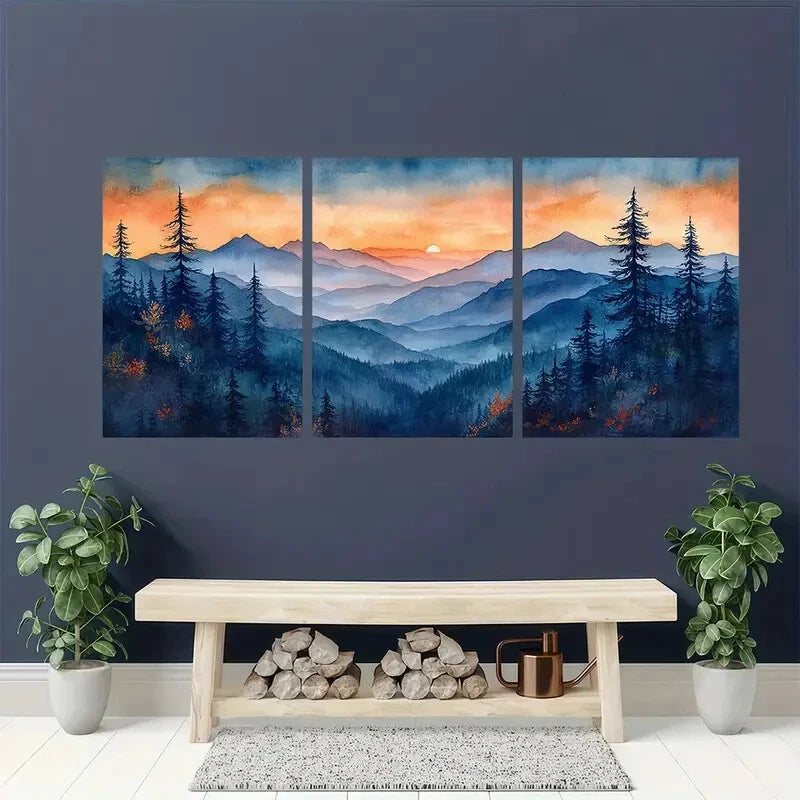 3pcs Blue Roan Mountains Watercolor Art Metal Print Ready to Hang Art - Bella Home Decor