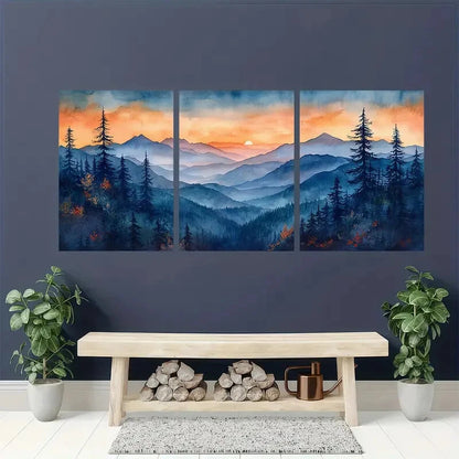 3pcs Blue Roan Mountains Watercolor Art Metal Print Ready to Hang Art - Bella Home Decor
