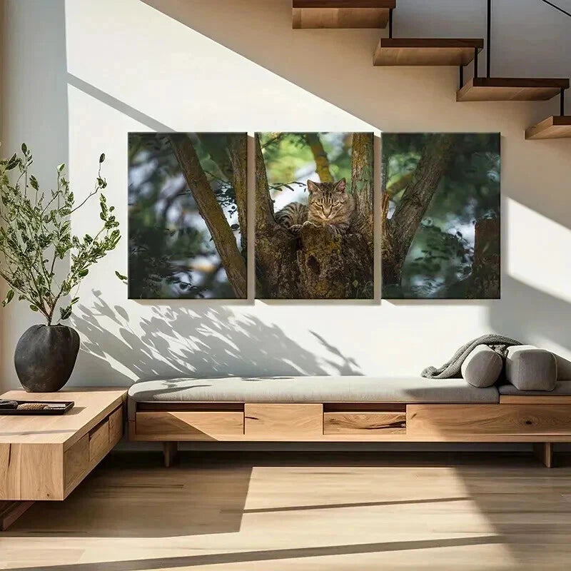 3pcs Charming Grey Kitten on Tree Wall Art Set Canvas Framed 60x90cm - High Quality Print 100% Australian Made Wall Canvas Ready to Hang - Bella Home Decor