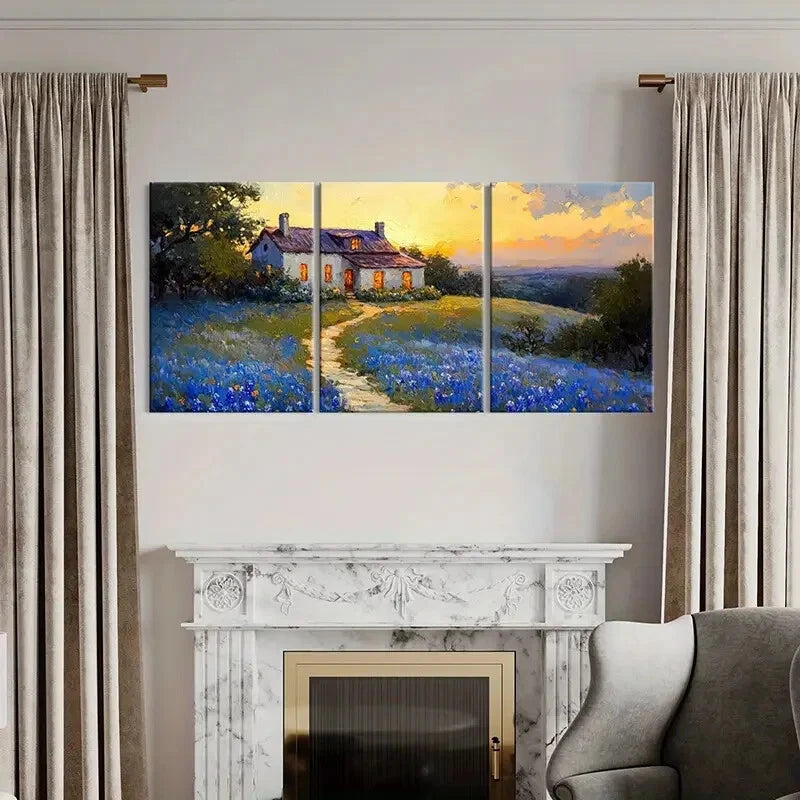 3pcs Sunset Glow Bluebonnet Field Pathway & Trees Metal Print Ready to Hang Art - Bella Home Decor