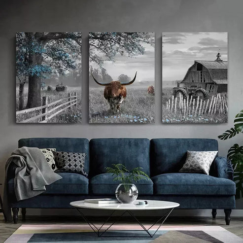 3pcs Highland Cow Wall Art Farmhouse Canvas Framed 60X90cm - High Quality Print 100% Australian Made Wall Canvas Ready to Hang