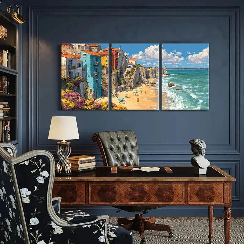 3pcs Vibrant Beach Scene with Cliffside Homes Metal Print Ready to Hang Art - Bella Home Decor