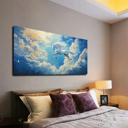White Unicorn Leaping In Cloud Wall Art canvas office home room framed 120x60cm