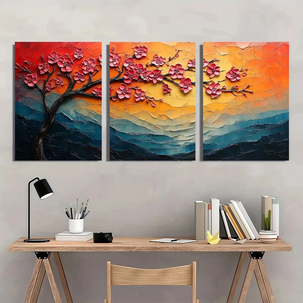 3pcs Textured Cherry Blossom Sunset Wall Art Set Canvas Framed 50x70cm - High Quality Print 100% Australian Made Wall Canvas Ready to Hang