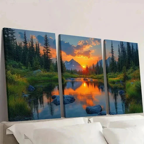 3pcs Natural Scenery with Reflective Trees Wall Art Canvas Unframed - High Quality Print 100% Australian Made Wall Canvas