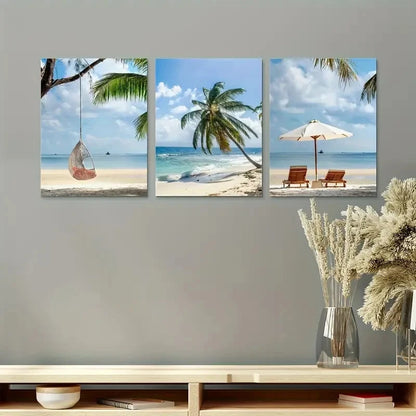 3pcs Coconut Palm Lounge Chair Wall Art Set Canvas Framed 50x70cm - High Quality Print 100% Australian Made Wall Canvas Ready to Hang - Bella Home Decor