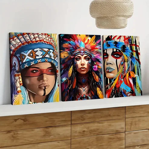 3pcs Aboriginal Chief Portrait Beauty Elegant Wall Art Set Canvas Unframed - High Quality Print 100% Australian Made Wall Canvas