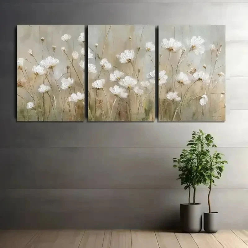 3pcs Delicate Painting of White Wildflowers Metal Print Ready to Hang Art - Bella Home Decor
