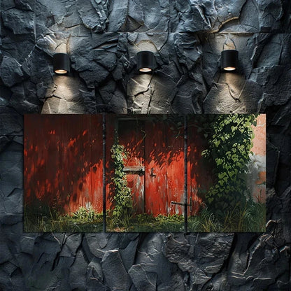 3pcs Rustic Red Wooden Cabin with Vines and Ivy Metal Print Ready to Hang Art