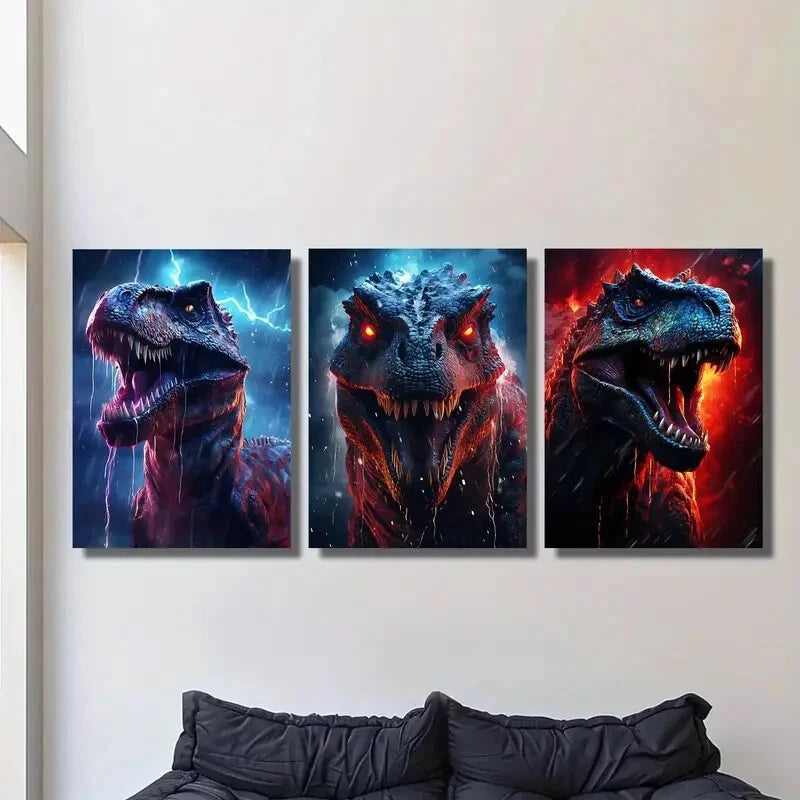 3pcs illustration, ferocious dinosaur, Metal Print Ready to Hang Art