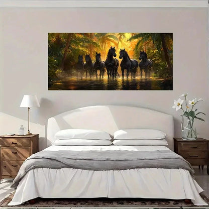Black Horses In Tropical Forest Wall Art Canvas Office Home Room Framed 120x60cm