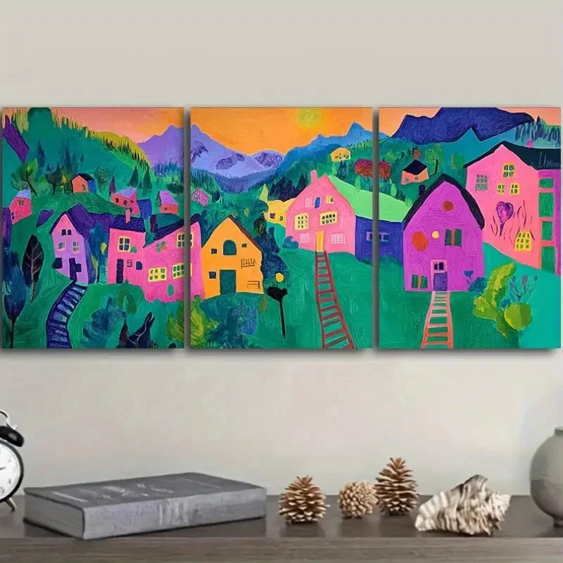 3pcs Colorful Mountain & House Scenes Metal Print Ready to Hang Art