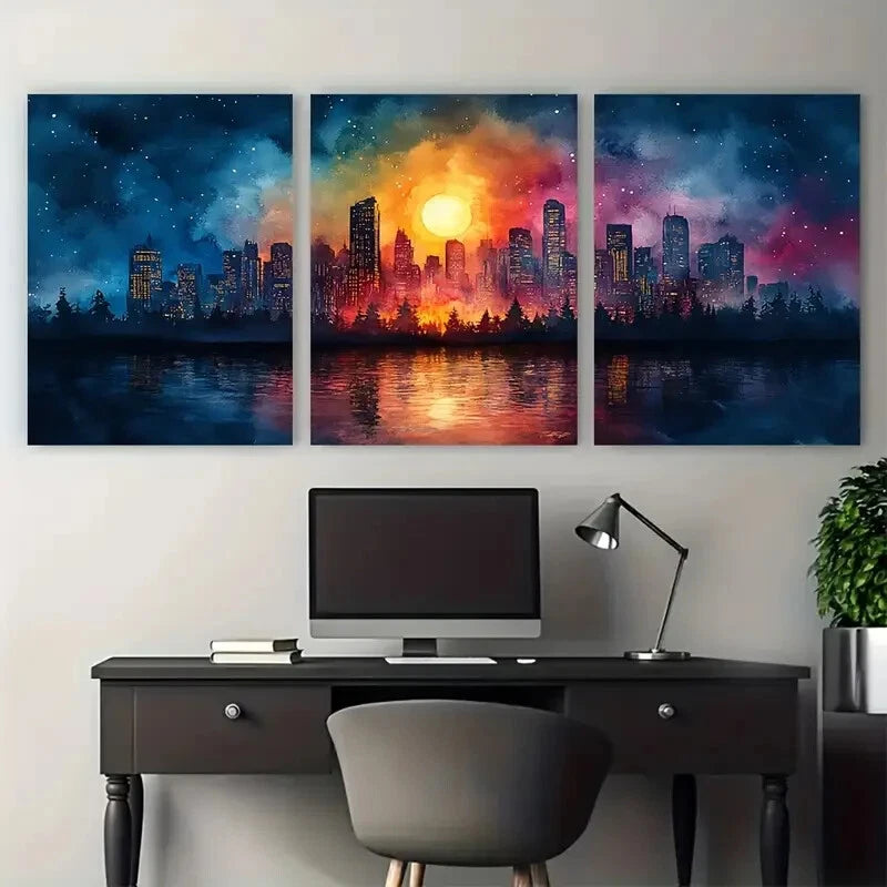 3pcs Vibrant Cityscape Night Abstract Watercolor Metal Print Ready to Hang Art - Bella Home Decor