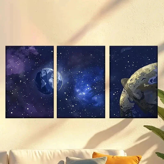 3pcs Vibrant Space Scene with Earth and Celest Wall Art Set Canvas Framed 40x60cm - High Quality Print 100% Australian Made Wall Canvas Ready to Hang