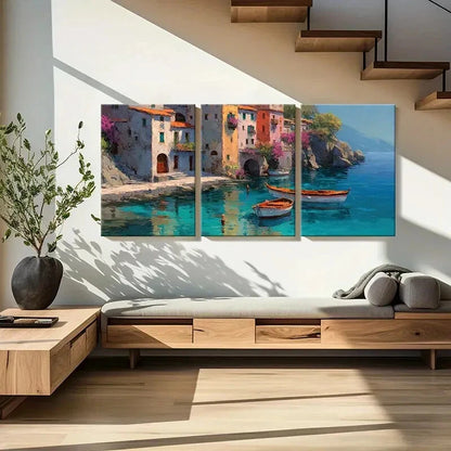 3pcs Artistic Coastal Village Mediterranean Style Metal Print Ready to Hang Art - Bella Home Decor