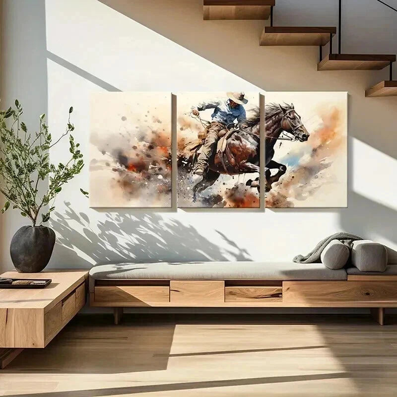 3pcs Abstract Animal Art Cowboy Horse Retro  Wall Art Set Canvas Framed 60x90cm - High Quality Print 100% Australian Made Wall Canvas Ready to Hang - Bella Home Decor