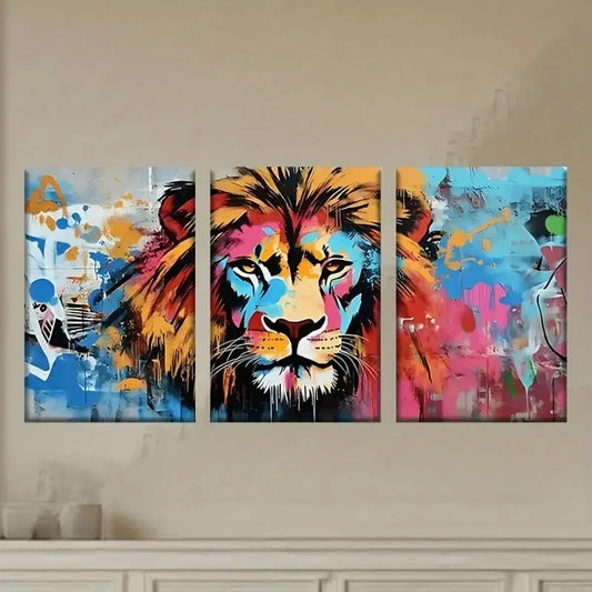 3pcs a Colorful Lion Painting Wall Art Set Canvas Framed 50x70cm - High Quality Print 100% Australian Made Wall Canvas Ready to Hang