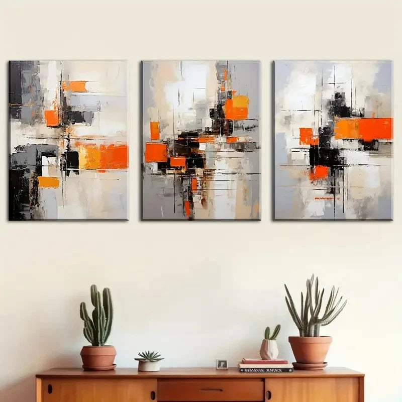 3pcs Abstract Orange & Black Geometric Prints Metal Print Ready to Hang Art - Bella Home Decor