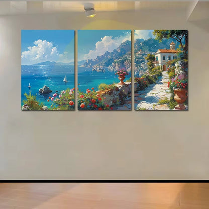 3pcs Coastal Path Scenery with Vibrant Flowers Wall Art Set Canvas Framed 60x90cm - High Quality Print 100% Australian Made Wall Canvas Ready to Hang