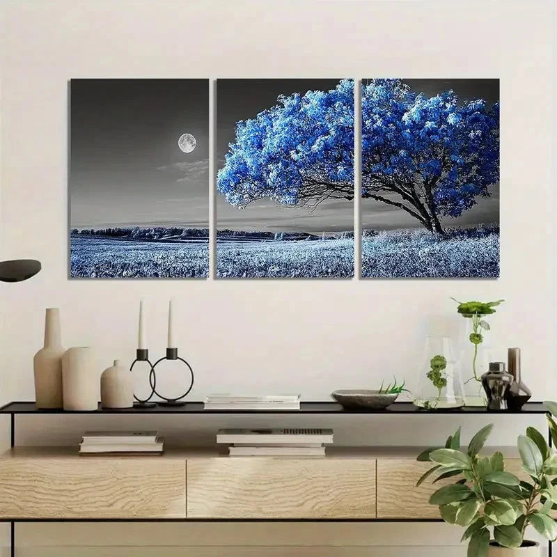 3pcs Blue-Leaved Tree Under Moonlight Poster Metal Print Ready to Hang Art - Bella Home Decor