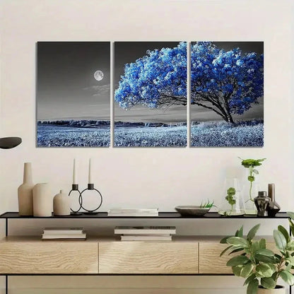 3pcs Blue-Leaved Tree Under Moonlight Poster Metal Print Ready to Hang Art - Bella Home Decor