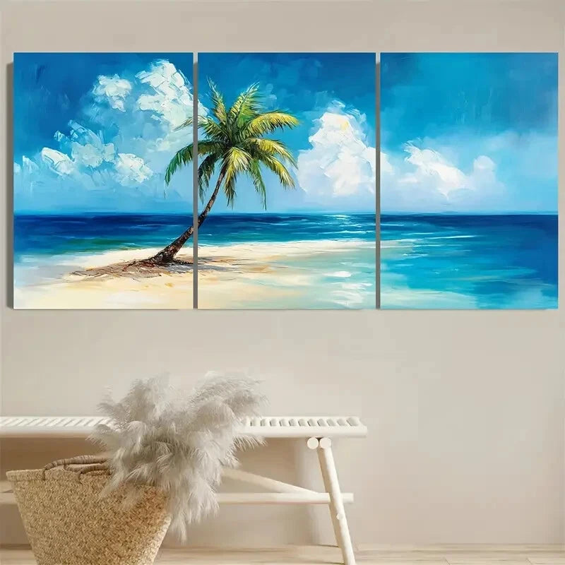 3pcs Lone Palm Tree Beach Nautical Vacation Design Metal Print Ready to Hang Art - Bella Home Decor