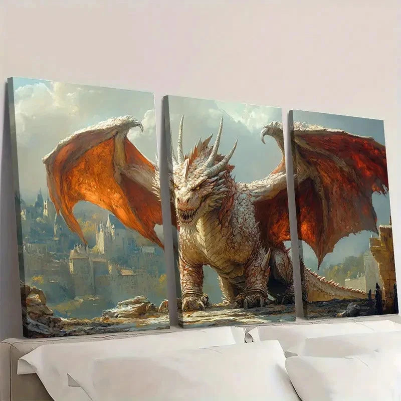 3pcs Medieval Dragon Dark Academia Art RT  Wall Art Set Canvas Framed 60x90cm - High Quality Print 100% Australian Made Wall Canvas Ready to Hang