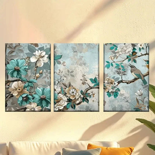 3pcs a floral wallpaper with birds and flowers Wall Art Set Canvas Framed 50x70cm - High Quality Print 100% Australian Made Wall Canvas Ready to Hang